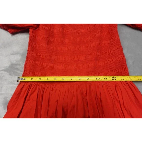 Madewell Women's Size Medium Cerise Red Smocked Poplin Puff Sleeve Midi Dress - Picture 5 of 7